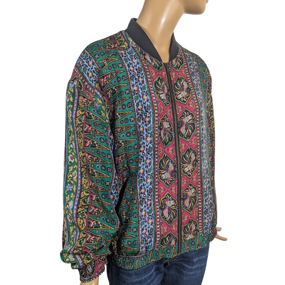 Silk Club Vintage Paisley Floral Print Silk Bomber Jacket Zip Up Sz S - Picture 6 of 7